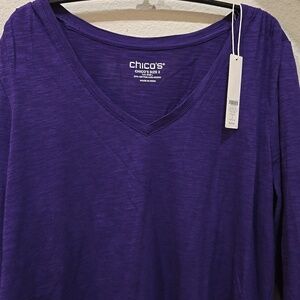 CHICO'S Purple 3/4 Slub V-neck Tee / Ruched Sleeves / sz 2